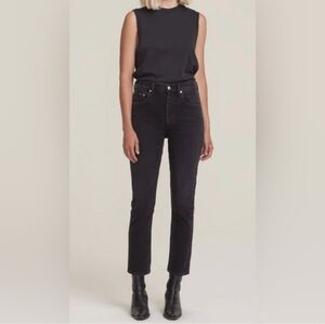 Agolde Riley High Rise Straight Crop Jeans 31 Washed Black Button Fly